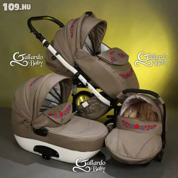 Multifunkciós Babakocsi Gallardo Baby Unique Kézzel Hímzett Kalocsai Mintás ECO Bőr Cappucino